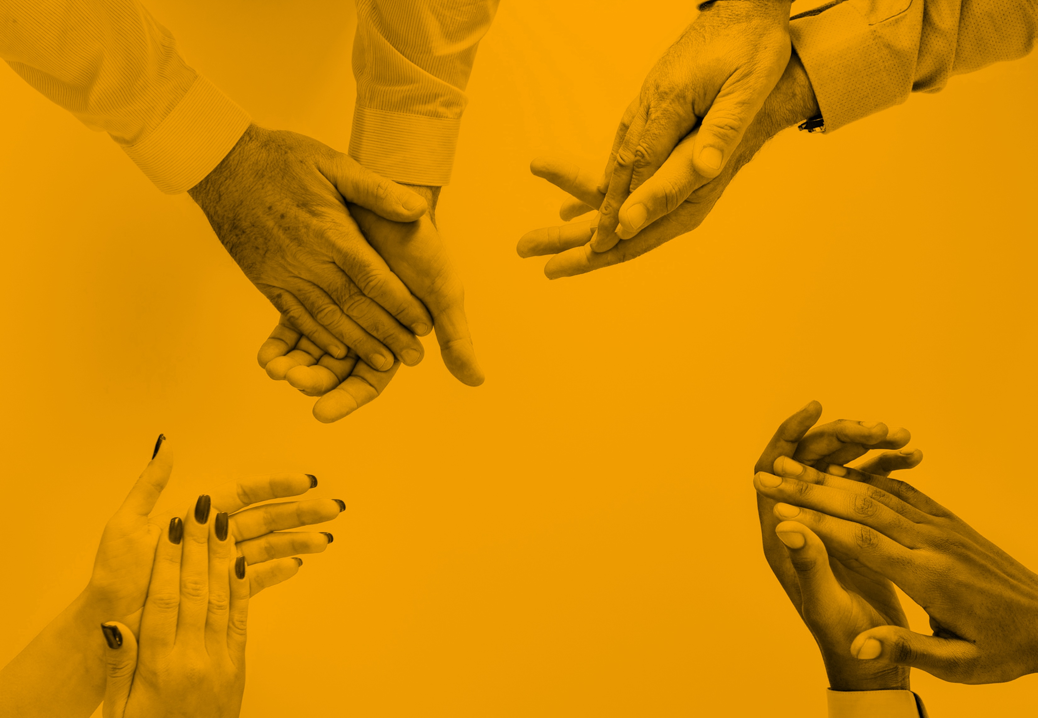 4 pairs of hands clapping over a white background, light-orange with duotone