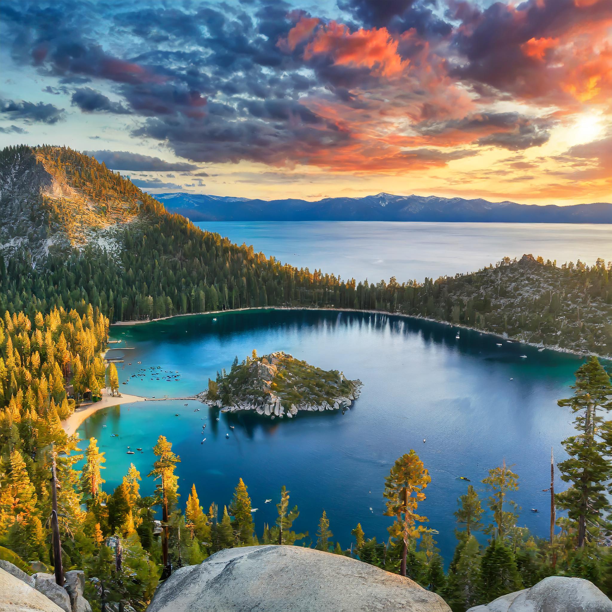 Sunset view of Emerald Bay in Lake Tahoe