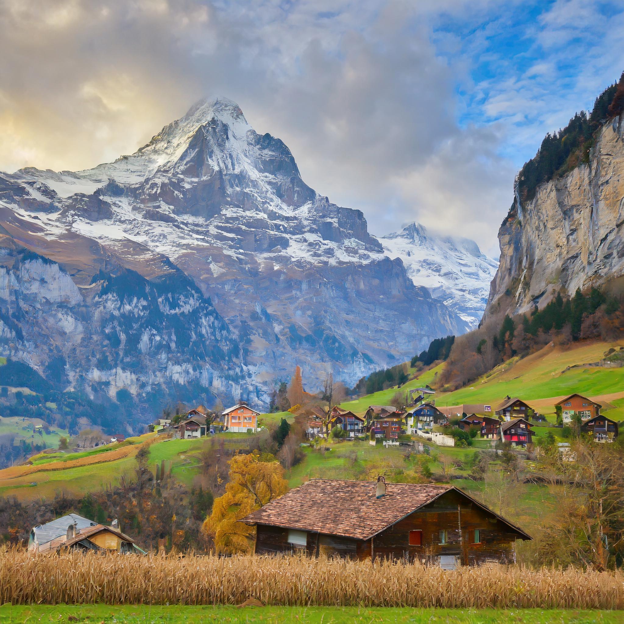  Mountain and village view of Switzerland