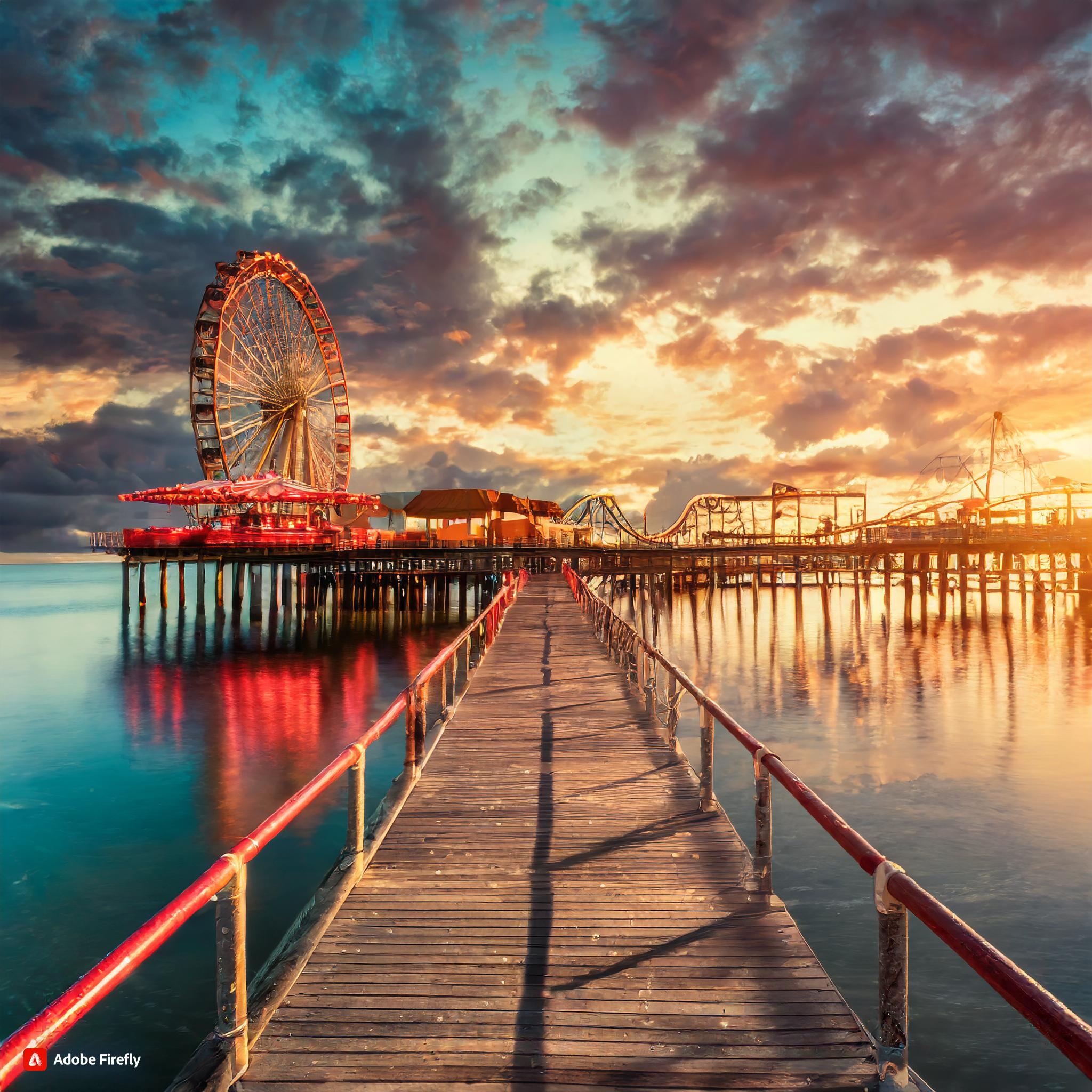  Firefly pier, sureal landscape, beautiful sunset and cloudy sky, light reflecting water, glowing blu.jpg