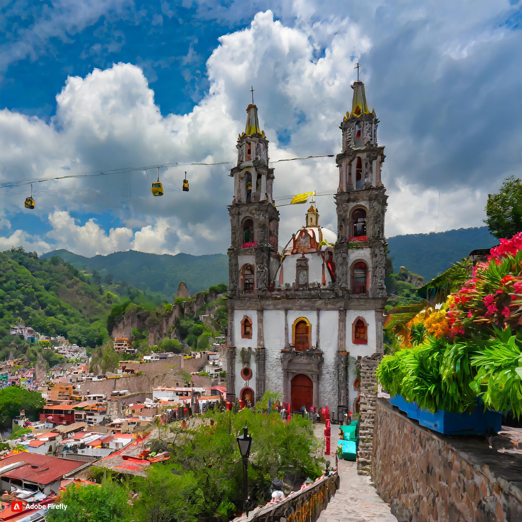  Firefly taxco, guerrero, mexico, surreal landscape, beautiful grand cathedral, cloudy sunny sky, sky.jpg