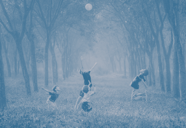  Multiple children playing wia ball in a feild wioth trees.