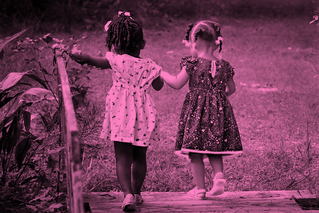 Image of two little girls holding hands and walking outside together