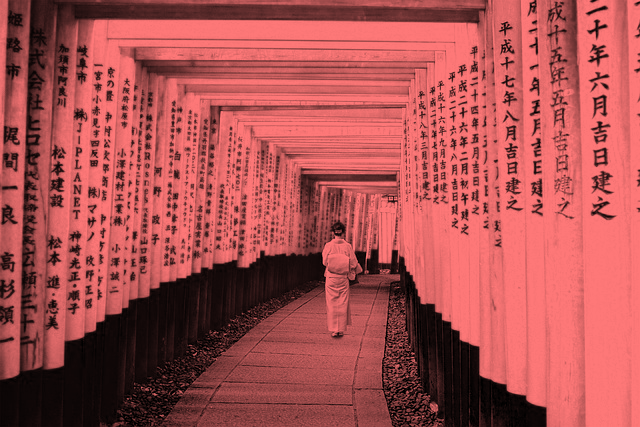 Woman walking in a kimino under Japanese pathway