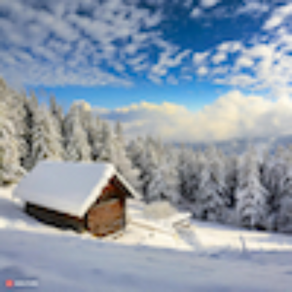 Snow cabin with winter landscape
