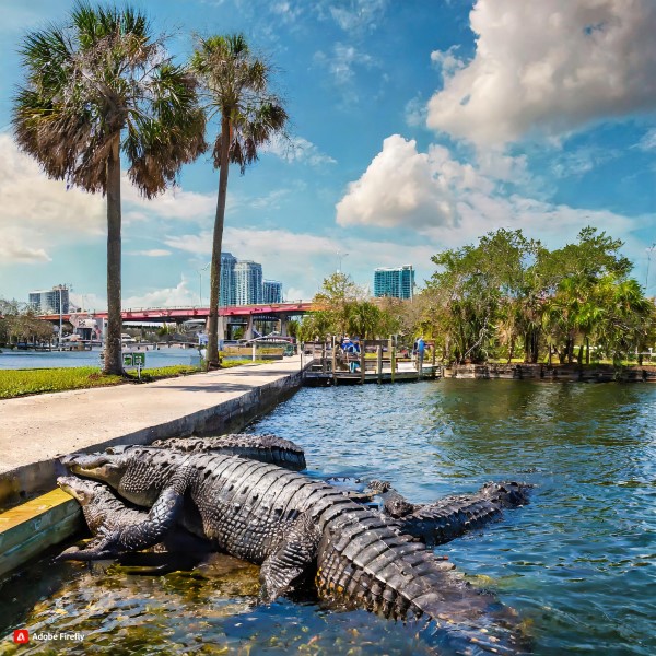 Water in Florida with an alligator in the water, with trees, a bridge, and city buildings in the background.