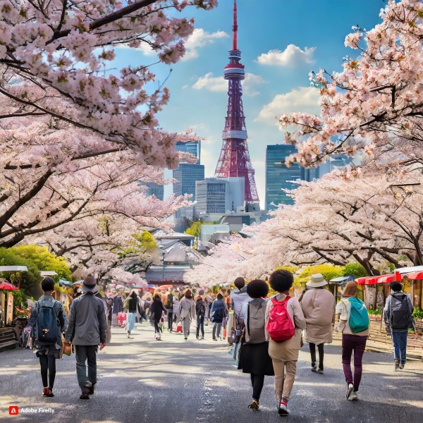 People walking in the streets of Japan, with cherry blossom trees on the side of the roads, and buildings in the background.
