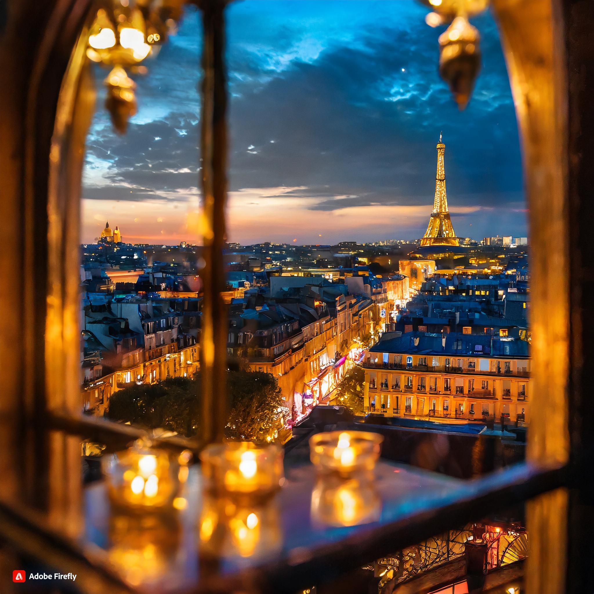 Firefly the Eiffel tower in Paris with glowing lights all from the view of a resturaunt window. jpg