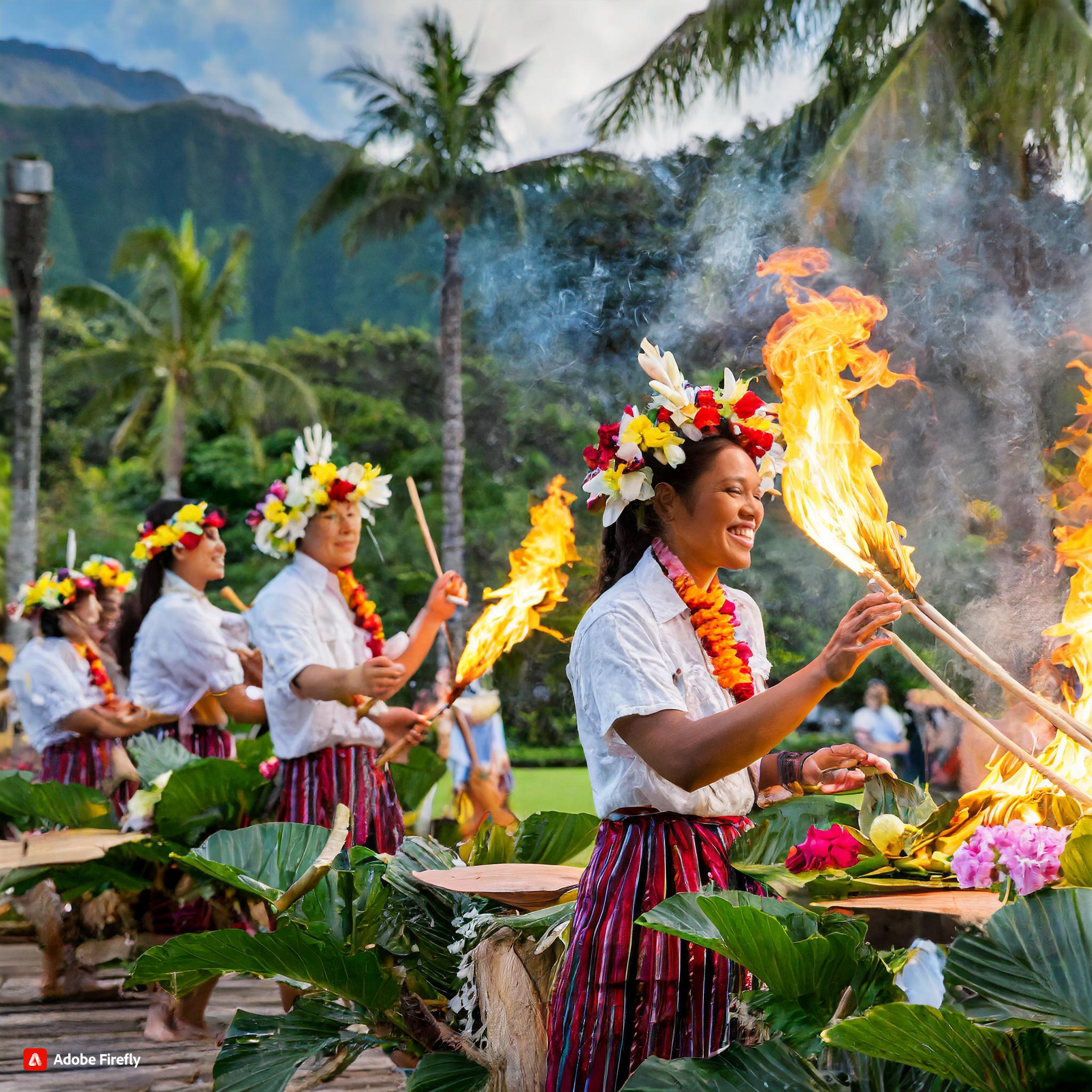 Firefly hawaiians performing for people in a luau with flowers in their hair and palyign with sticks.jpg