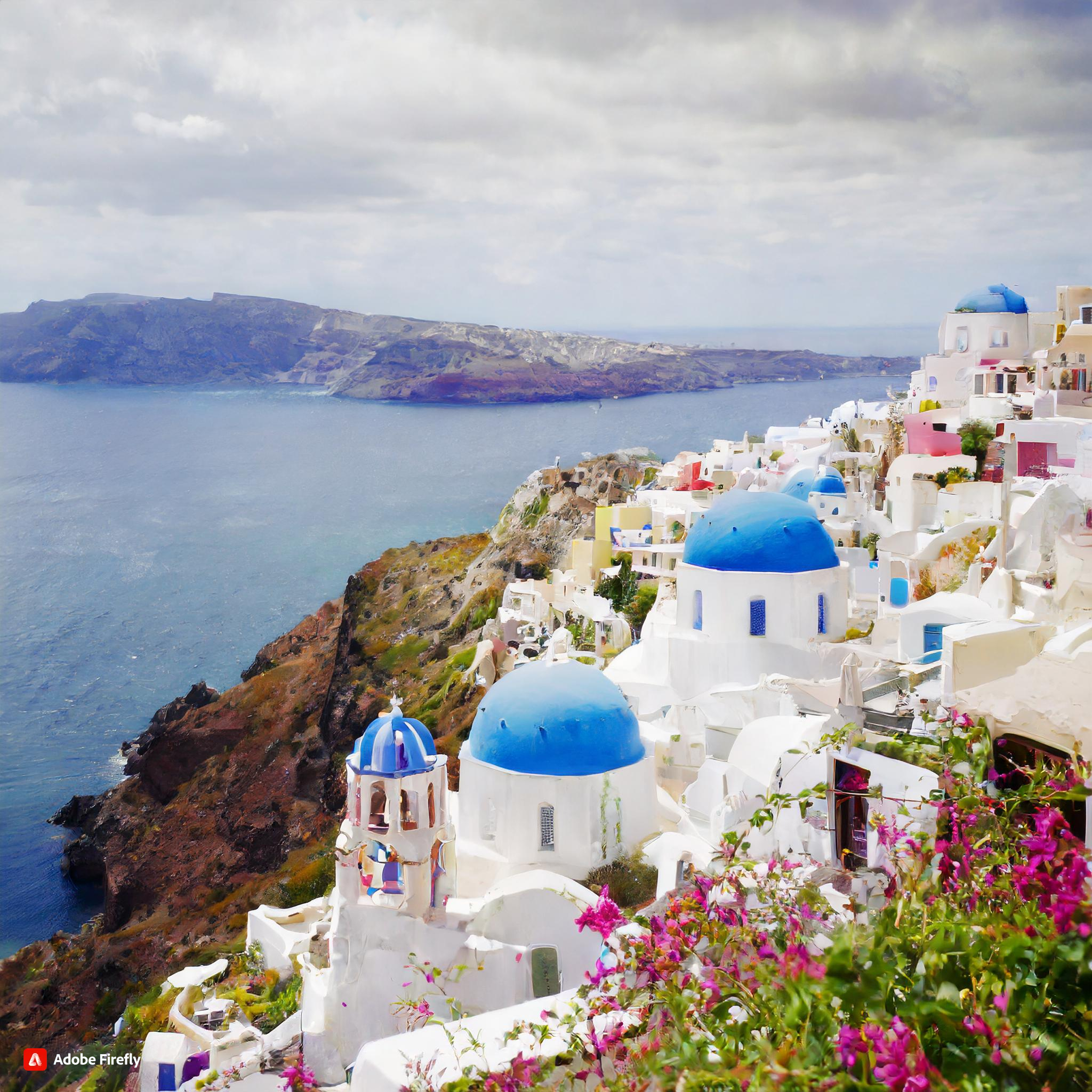 a lifelike landscape view of santorini greece with dreamy white-washed cubiform houses, hints of vibrant blue and the blue mediterranean sea with smaller islands along it