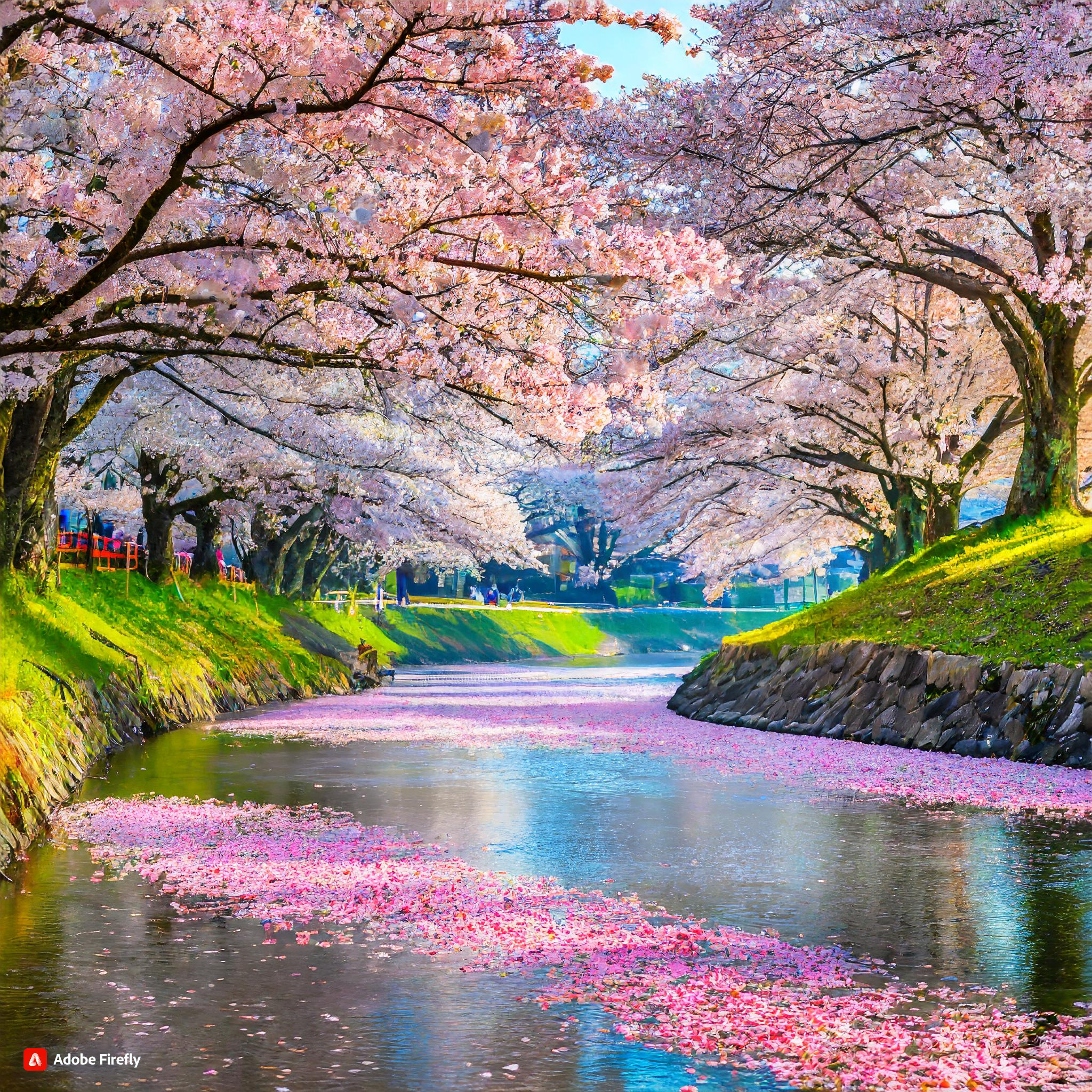  japan during cherry blossom season pink petals on the river between big cherry blossom trees