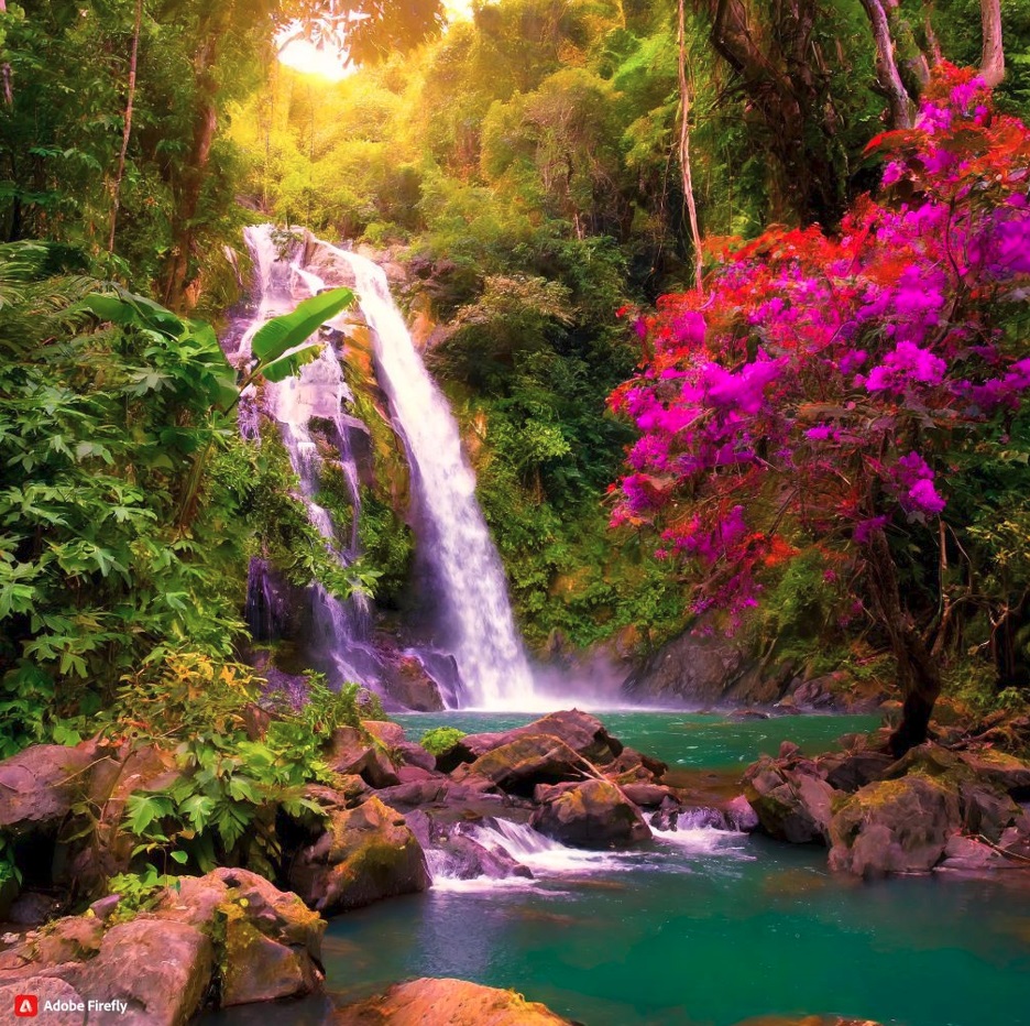  Beautiful scenic view of majestic tropical rainforest with waterfall flowing through the lush greenery