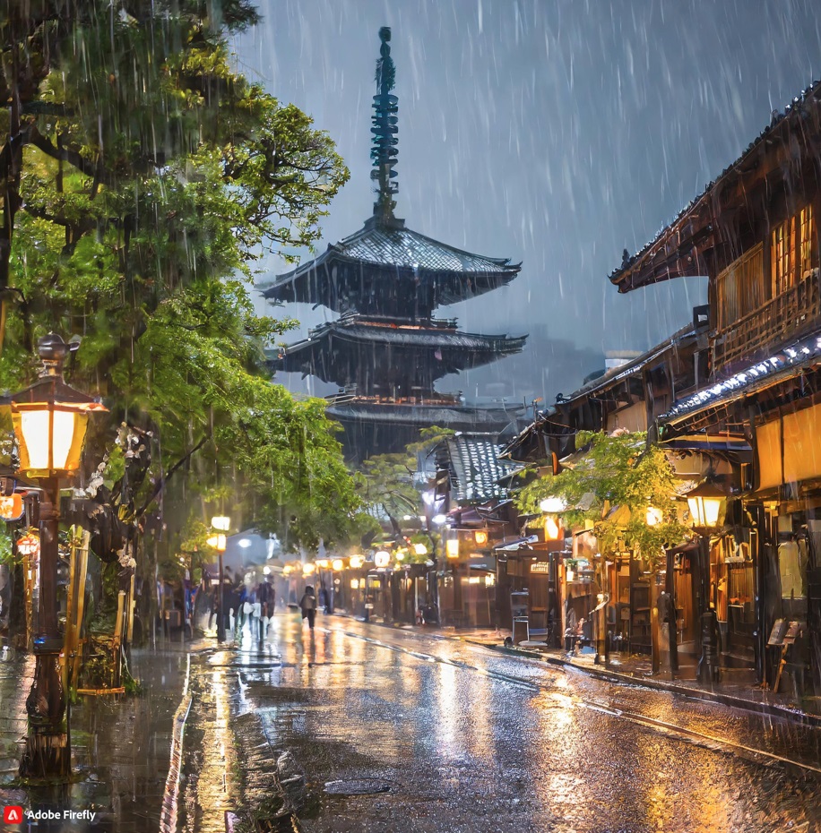  Kyoto on a rainy day lit with lanterns, busy street, pagoda in the background
