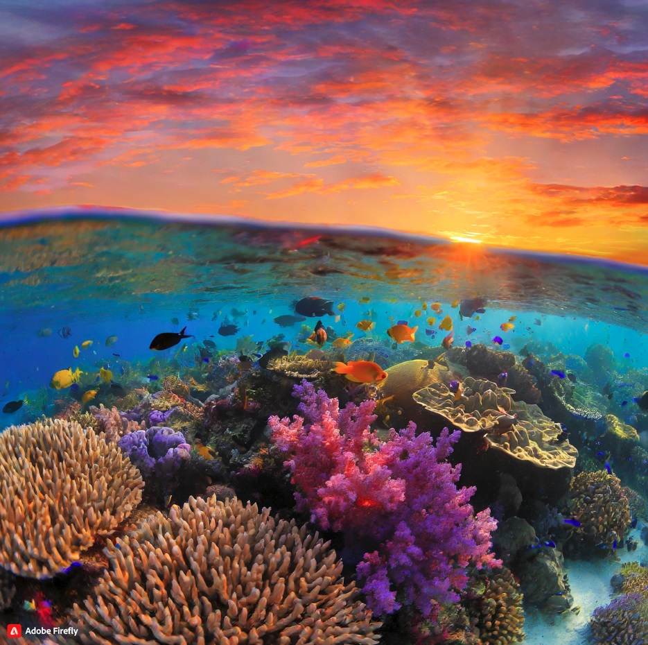  great barrier reef majestic coral reef, vibrant colors, assorted fish swimming around a pretty underwater world, at sunset; shot with camera panning technique