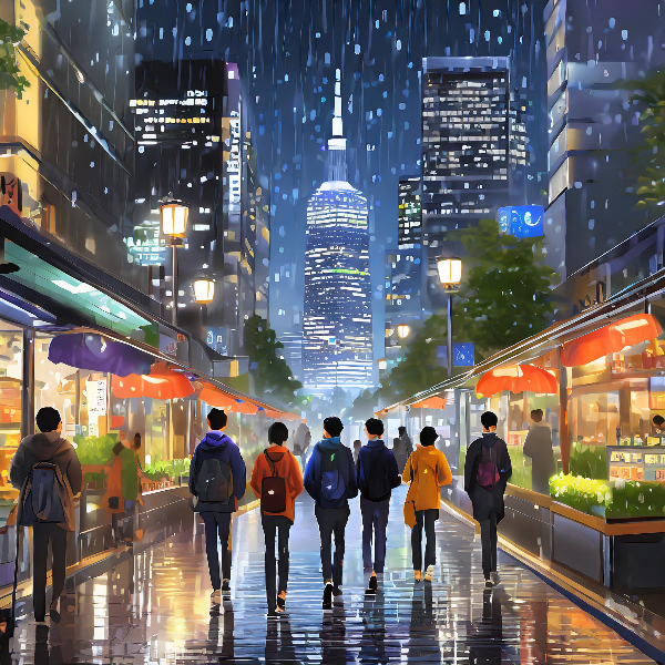 Firefly tokyo japan rainy cold city people food shops group
            -of-6-guy-friends sky scrapers 92665.jpg
