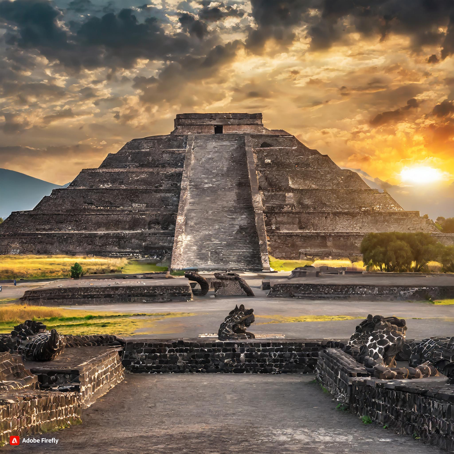 Firefly front facing Teotihuacán in its prime with snakes and a beautiful sunset 30127
